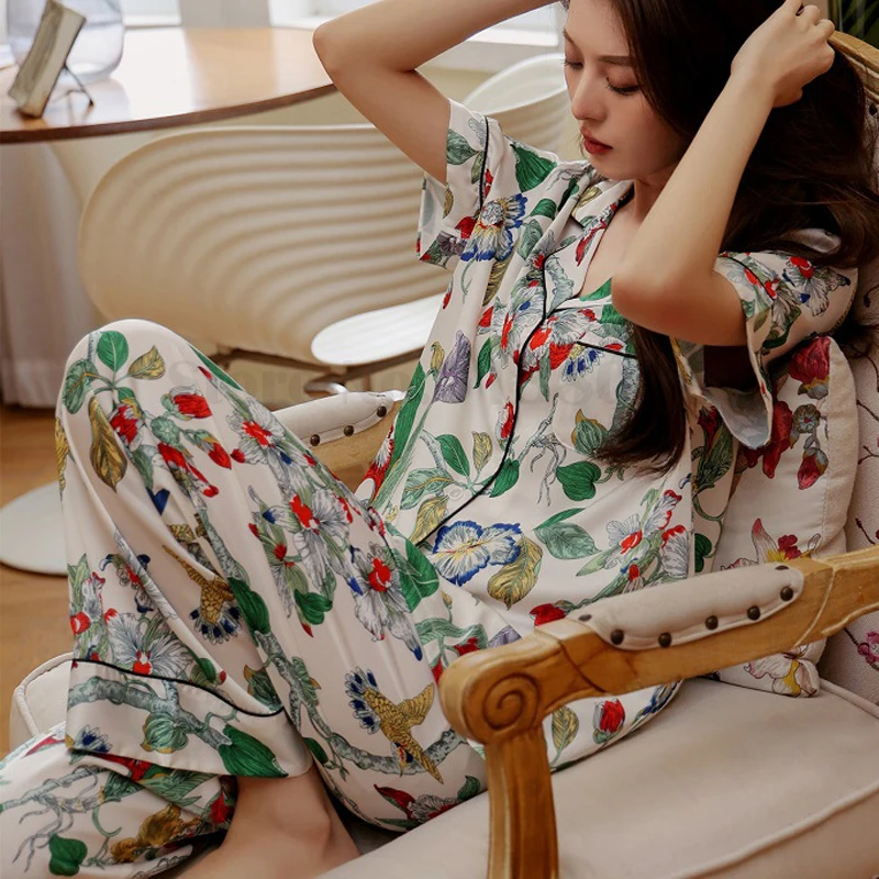 

Женский пижамный комплект с цветочным принтом и коротким рукавом, весенне-летняя одежда для сна, брюки, костюм, интимное белье, Свободная Домашняя одежда