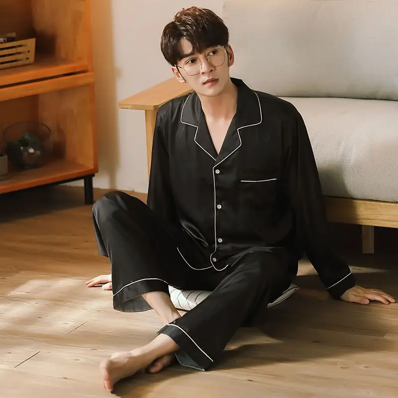 

Однотонный комплект пижам из шелкового сатина для пары: длинные пижамы на пуговицах, костюм для сна, домашняя одежда для женщин и мужчин, большие размеры