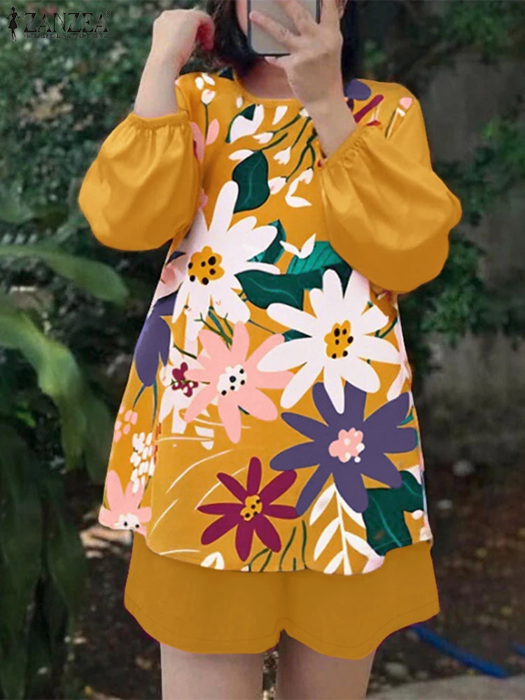 

Summer Bohemain Holiday Matching Sets ZANZEA Women Tracksuits Stylish Long Sleeve Floral Print Blouses Shorts Suit 2PCS Outfit