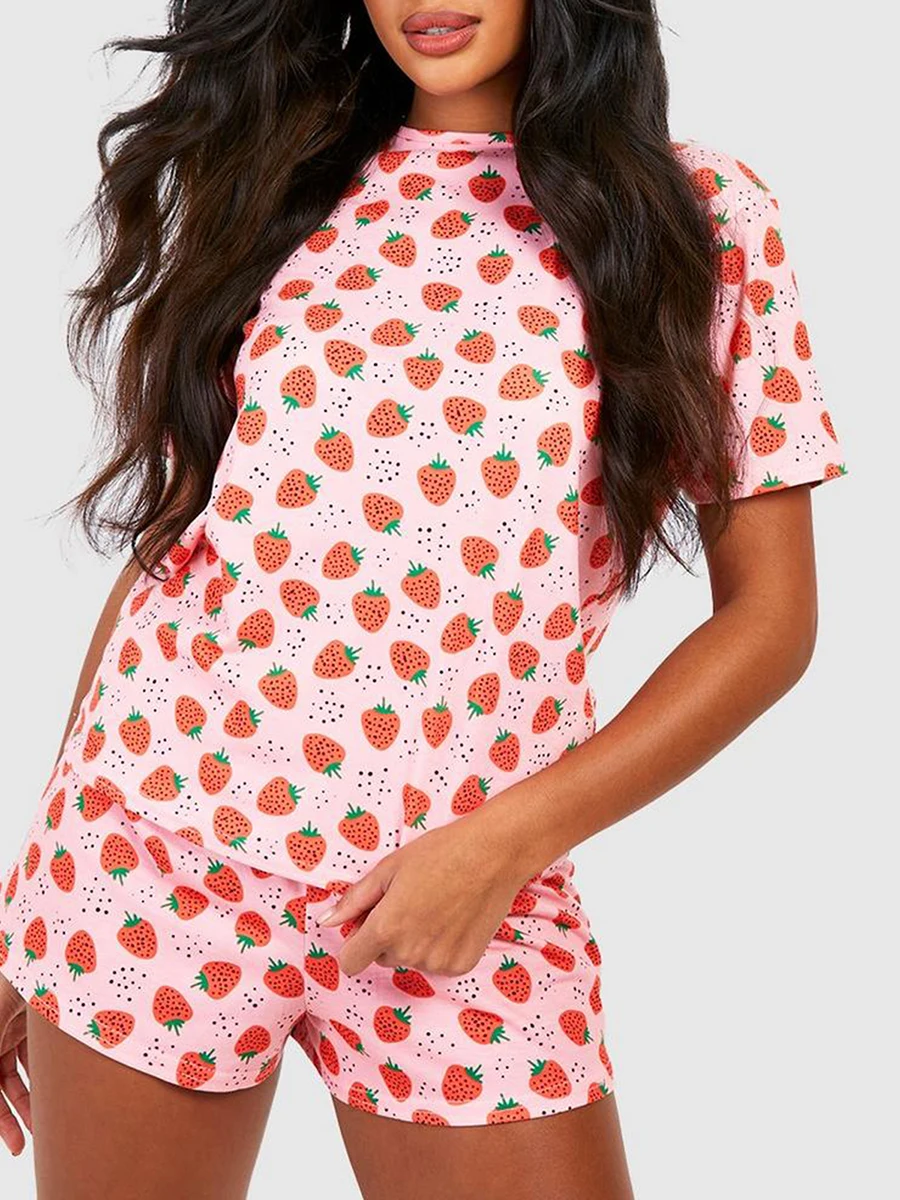 Conjunto de dos piezas con estampado de fresa para mujer, camiseta de manga corta con cuello redondo, minipantalones cortos con cintura elástica, ropa de descanso para el Día de San Valentín