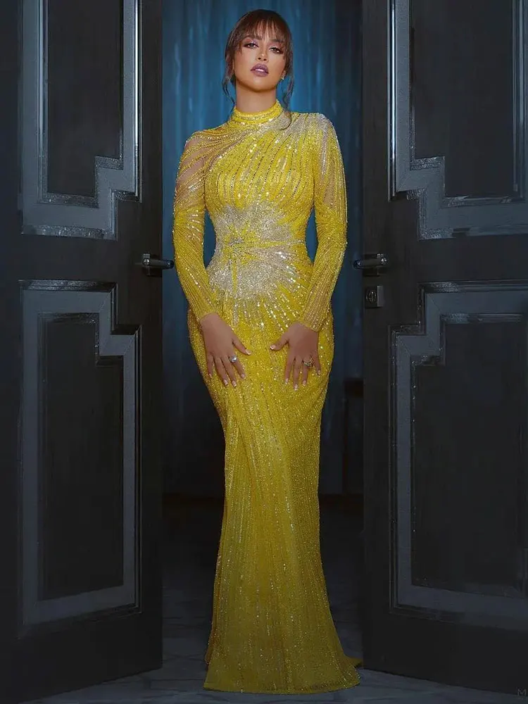 

Aso Ebi 2022 Arabic Yellow Luxurious Sheath Evening Dresses Beaded Crystals Long Sleeves Formal Party Second Reception Gowns