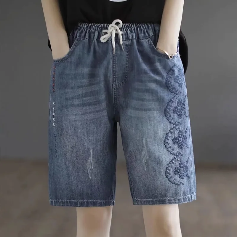 

Retro Summer Vintage Embroidered Denim Shorts Elastic Wasit Drawstring Loose Casual Jean Half Pants Women Short Pants