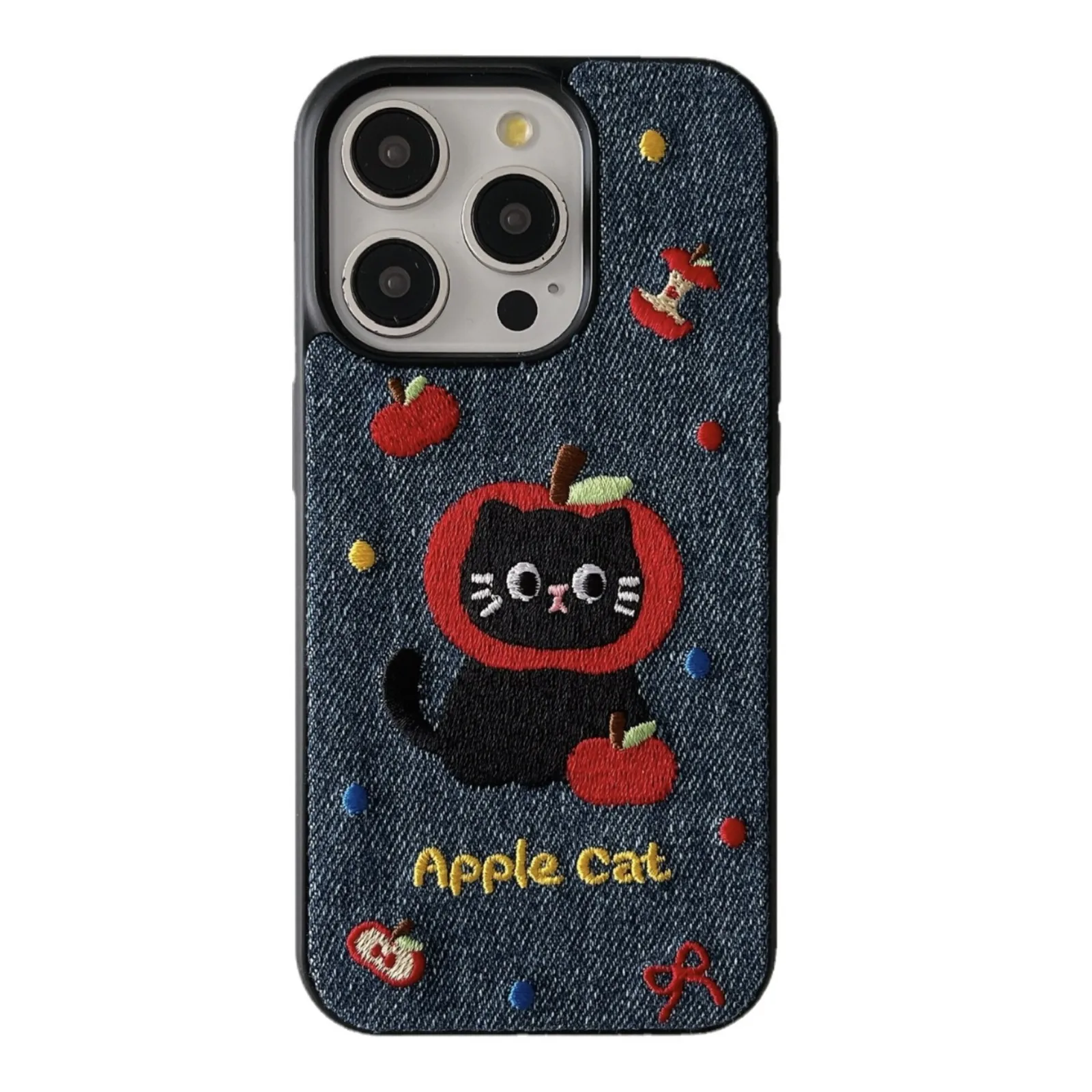 Embroidered Cat Denim Phone Case For iPhone 16 15 14 13 Pro Max Full Cover