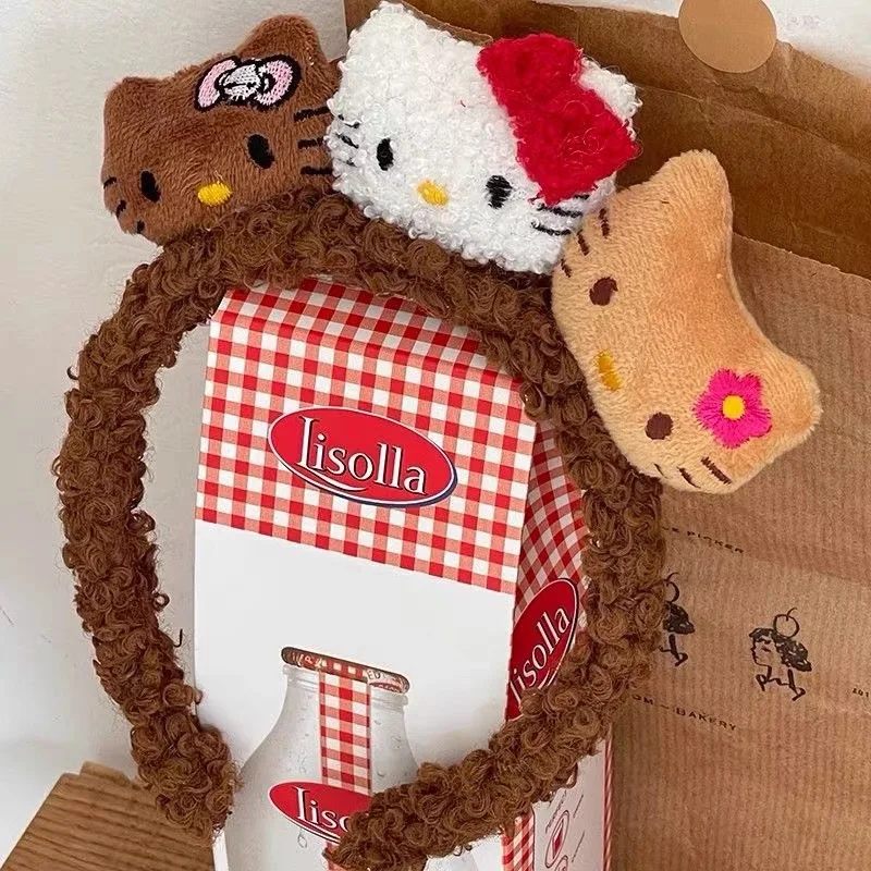 

Гавайский Sanrio, черная кожа, Hello Kitty, милый трехмерный плюшевый дол, аксессуары для волос, повязка на голову для макияжа, подарок на день рождения