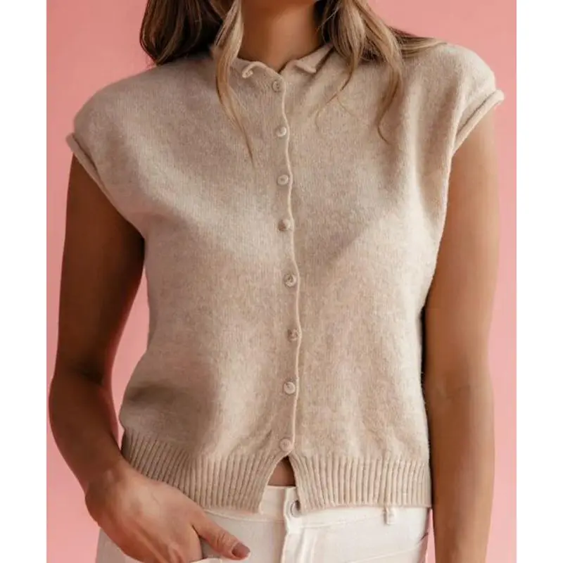 

Combhasaki Women Basic Knitwear T-Shirt Casual Solid Color/Stripe Print Button up Short Sleeve Sweater Vest Tops for Streetwear