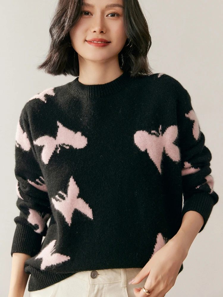 

Chic Autumn Winter Women's 100% Cashmere Sweater O-neck Long Sleeve Pullover Thickened Cashmere Knit Jumper Casual Clothes Tops