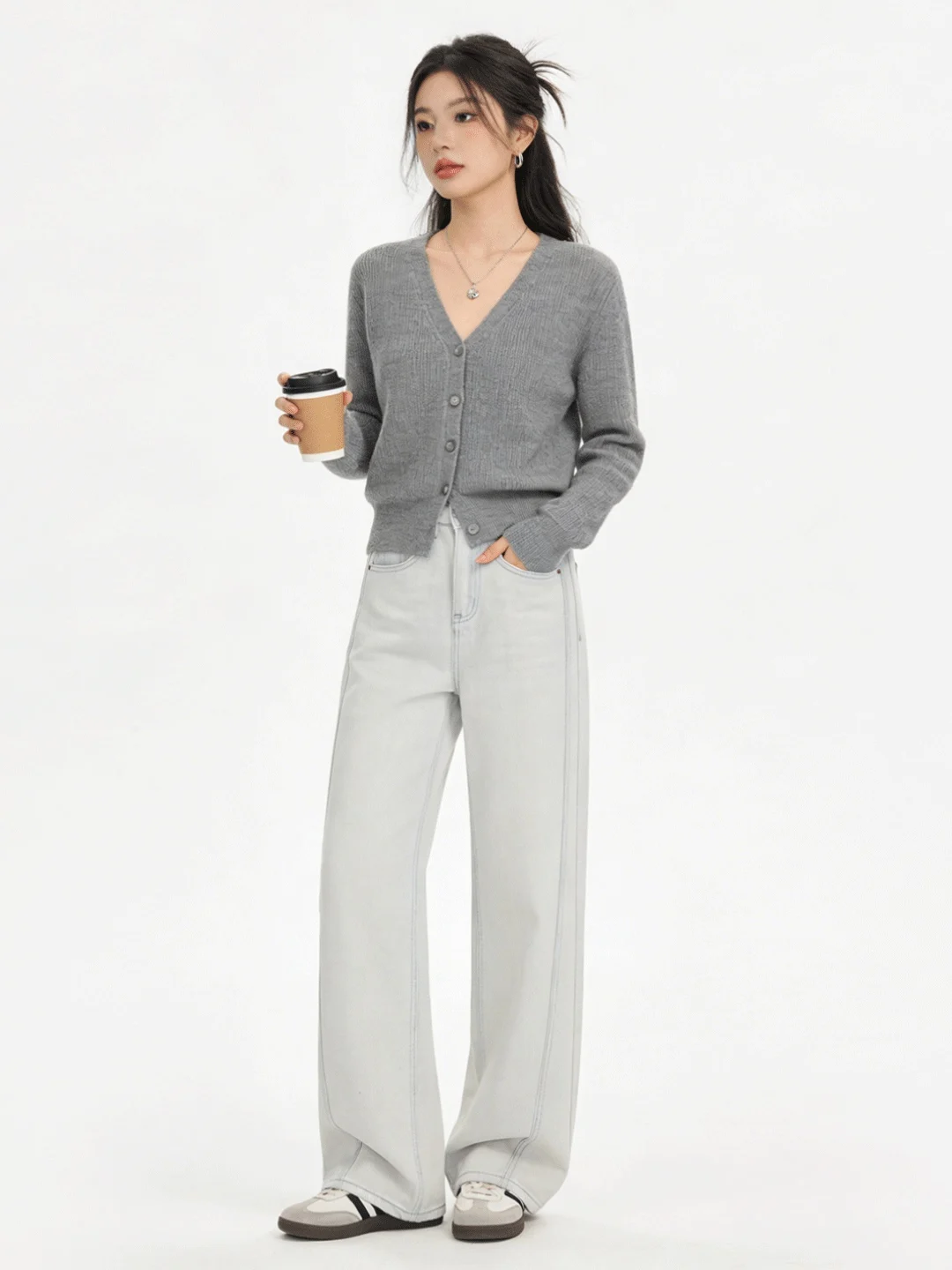 

High Waist Wide Leg Denim Jeans Women's Spring Faion Draped Waed out Sle Floor Length Pants Korean Sle Casual Jeans