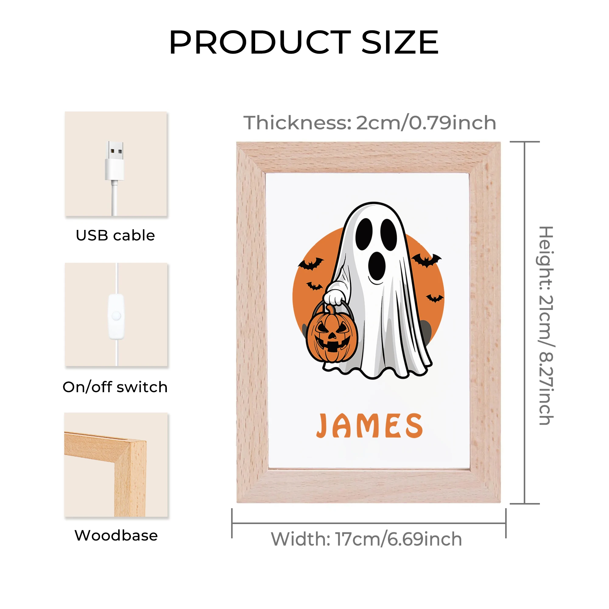 2D плоское индивидуальное имя призрак Джек-фонарь светодиодный акриловый ночник деревянная фоторамка 21x17 см подарки для спальни на Хэллоуин домашний декор