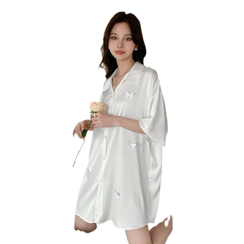 Chemise de nuit à col rabattu pour femmes, chemise de nuit en spandex, chemise de nuit blanche, robe de maison, chemise de nuit en rayonne, lingerie d'été