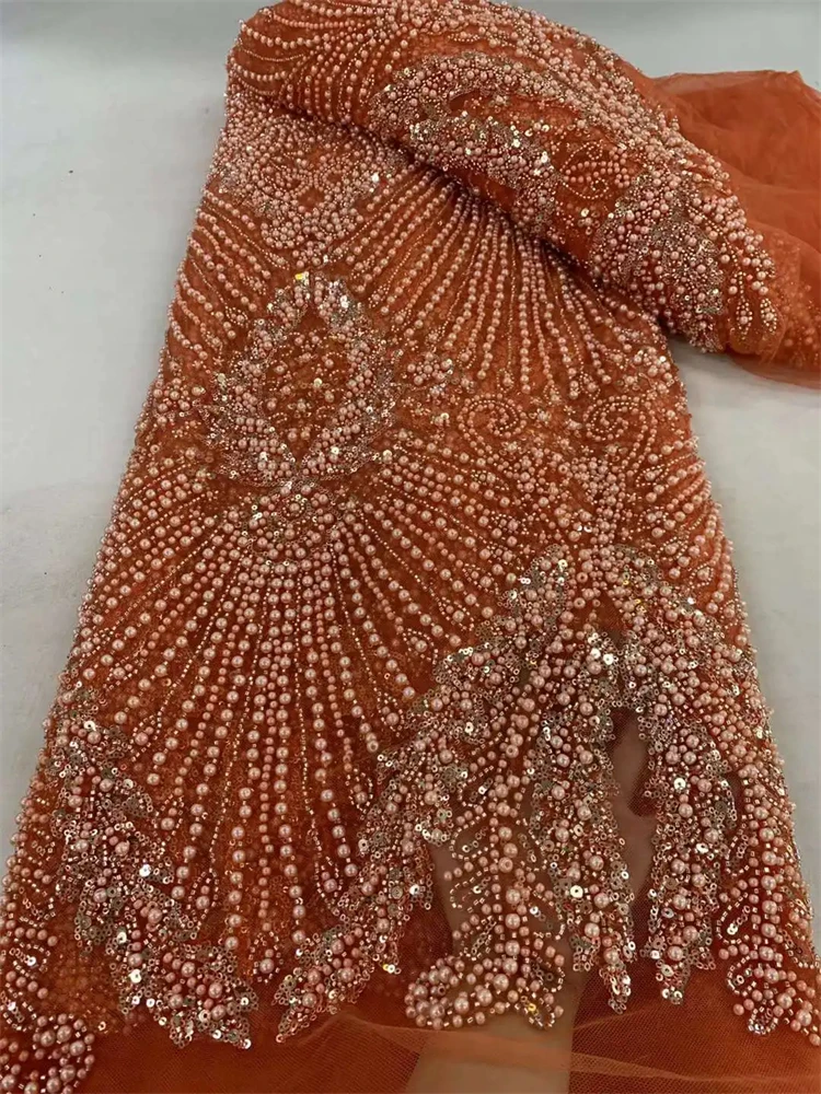 แอฟริกันHeavyลูกปัดผ้าลูกไม้ 2025 คุณภาพสูงไนจีเรียSequinsเจ้าบ่าวลูกไม้ภาษาฝรั่งเศสคําTulleผ้าสําหรับงานแต่งงานชุดเย็บ