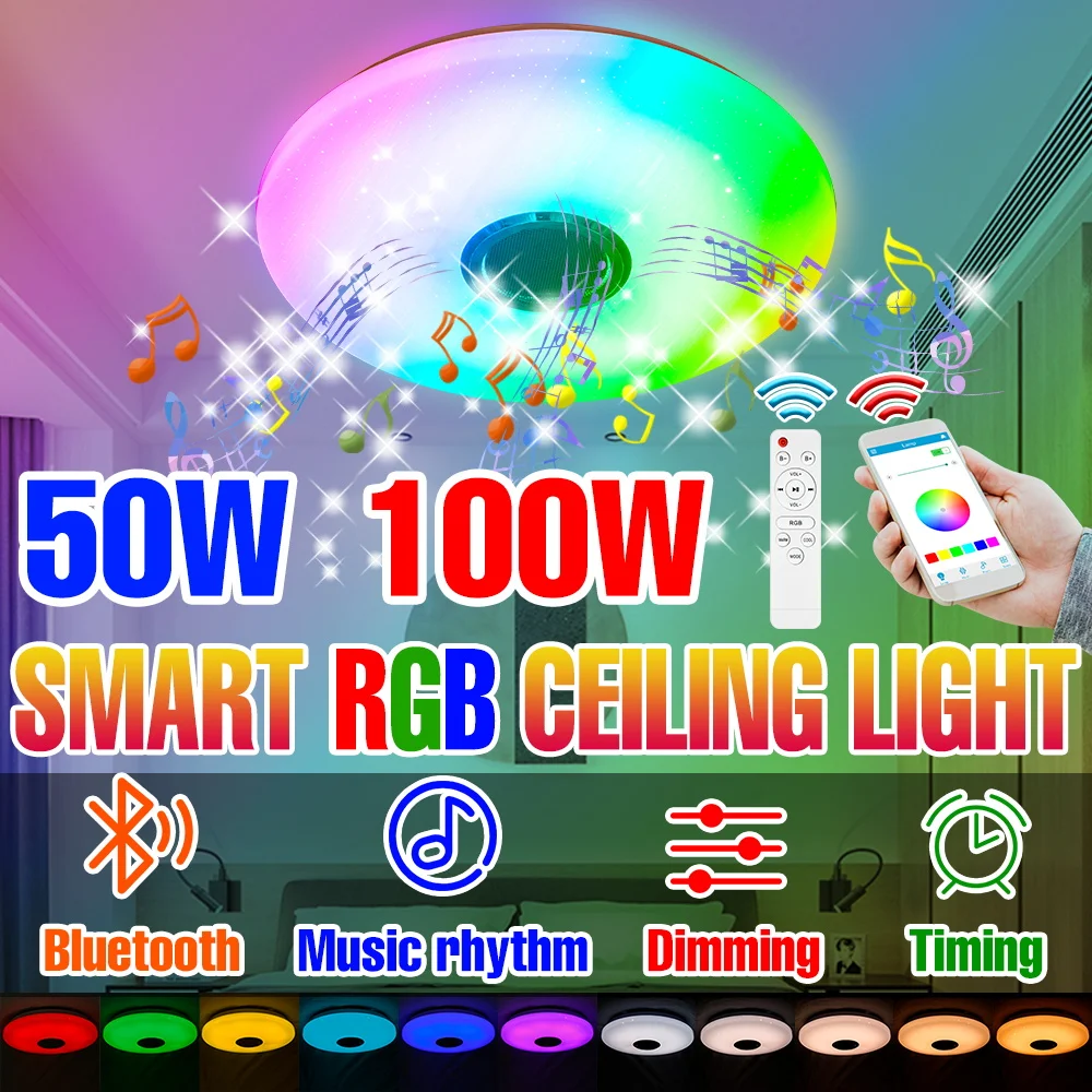 

200W LED Ceiling Light RGB Smart Lamp Round Chandeliers Bluetooth Connection APP Remote Control Dimming Home Party Decoration