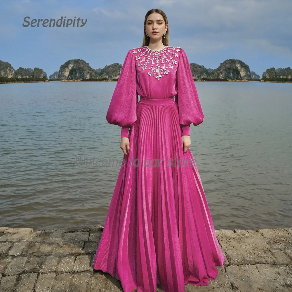 

Тонкое вечернее платье с круглым вырезом, элегантное плиссированное платье трапециевидной формы из блестящего крепа с кристаллами, платье для выпускного вечера, 2024