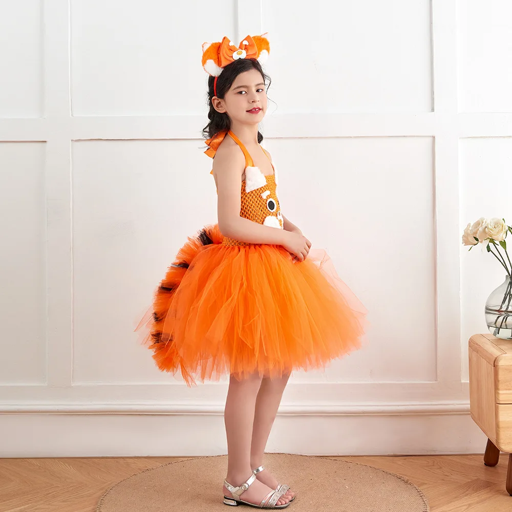 Cute Cartoon Panda Tutu Dress With Ears Headband Tail Set For Kids Raccoon Halloween Party Stage Performance Animal Theme Outfit