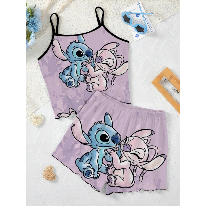 

Minnie Mouse Lettuce Trim Short Sets for Women 2 Pieces Home Dress Top T-shirt Women's Suit Mickey Pajama Skirt Elegant Disney