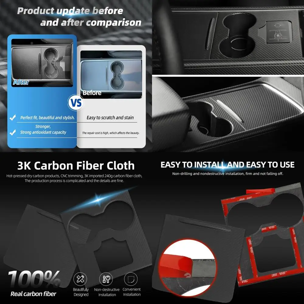 Center Console Wrap Compatible with Tesla Model 3 Model Y 3K Real Carbon Fiber Console Cover Interior Decoration Wrap Kit 2PCS A