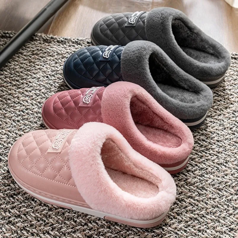 Home Slipper Women Grid Fuzzy Winter Warm Fur Plush Indoor Lazy Female Thermal Furry Room House Shoe Flat Flip Flop Men Male