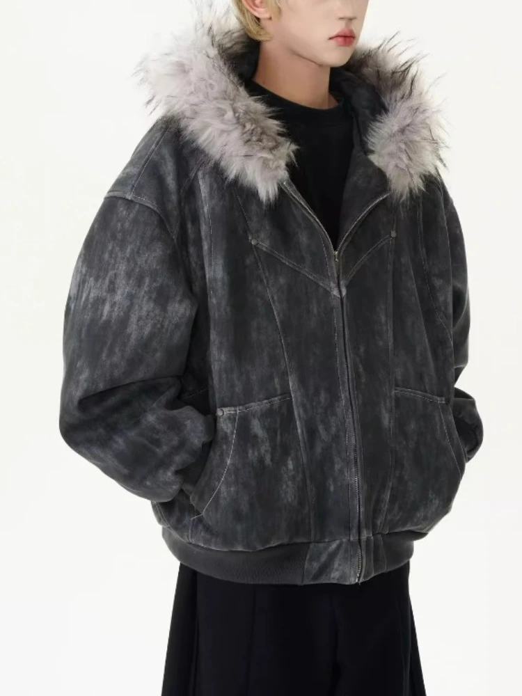 Winter Cleanfit Oversized Fur Collar Coat Men Faux Leather Jacket Short Hooded Thickened Warm Cotton Parkas Windproof Outerwear
