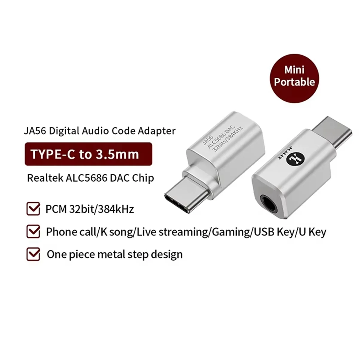 Y89A-yJCALLY JA56 Type-C to 3.5mm HIFI Adaptar Amp DAC 384kHz/32bit Digital Audio Code Adapter for Phone Call,