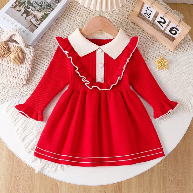 1-5Y Girls Knitted Dresses New Autumn Children\'s Turn Down Collar Sweater Dress Kid\'s Long Sleeve Princess Clothing