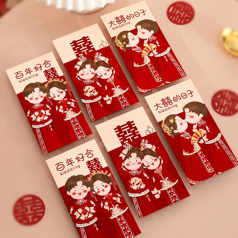 6 pezzi Joyful Large Red tradizionale cinese Wedding busta rossa Lucky Money Bag benedizione busta rossa benedizione degli sposi