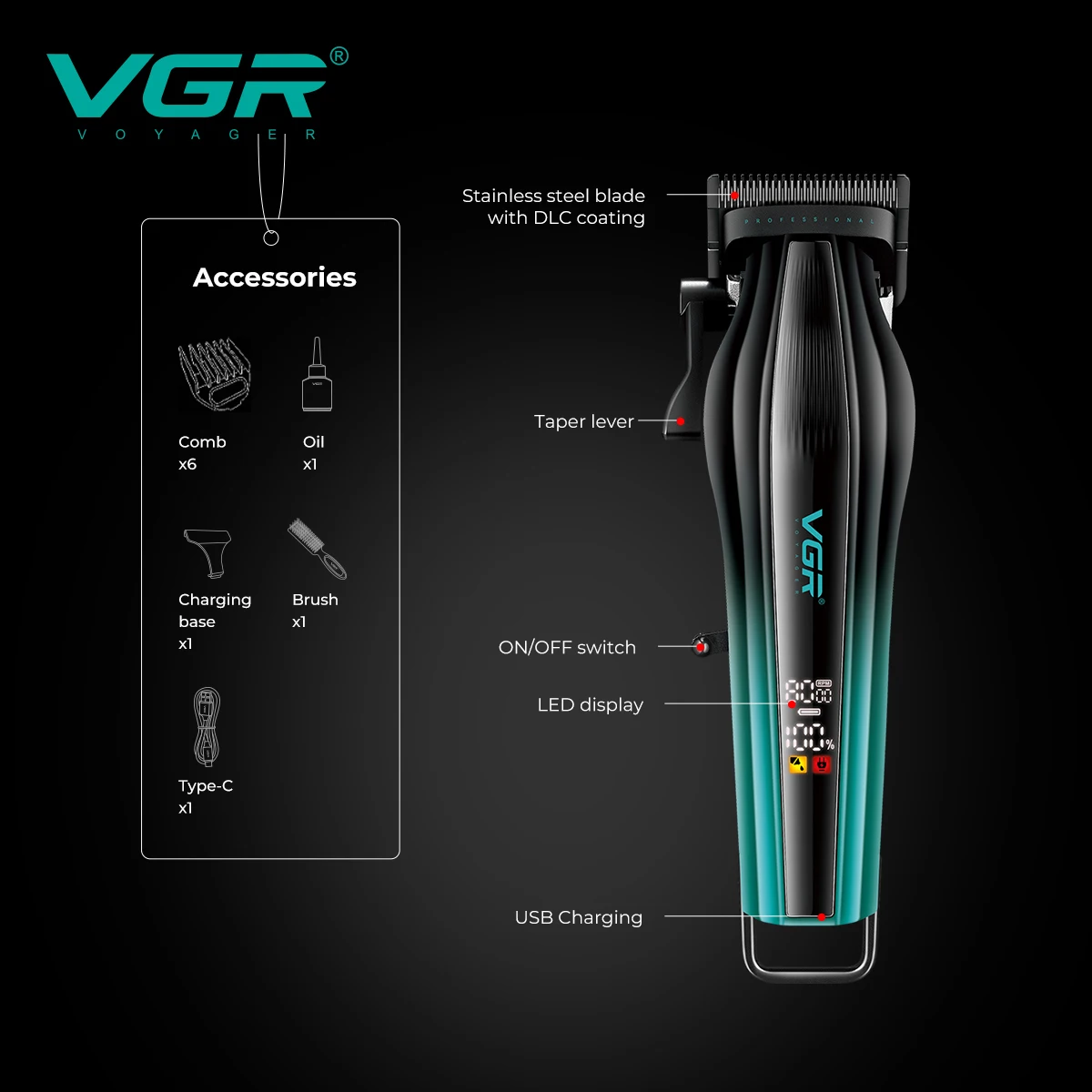 VGR ใหม่ไฟฟ้าผม clipper โลหะ high-end ผม trimmer 8000 RPM ที่มีประสิทธิภาพไฟฟ้า PUSH เฉือน V-273