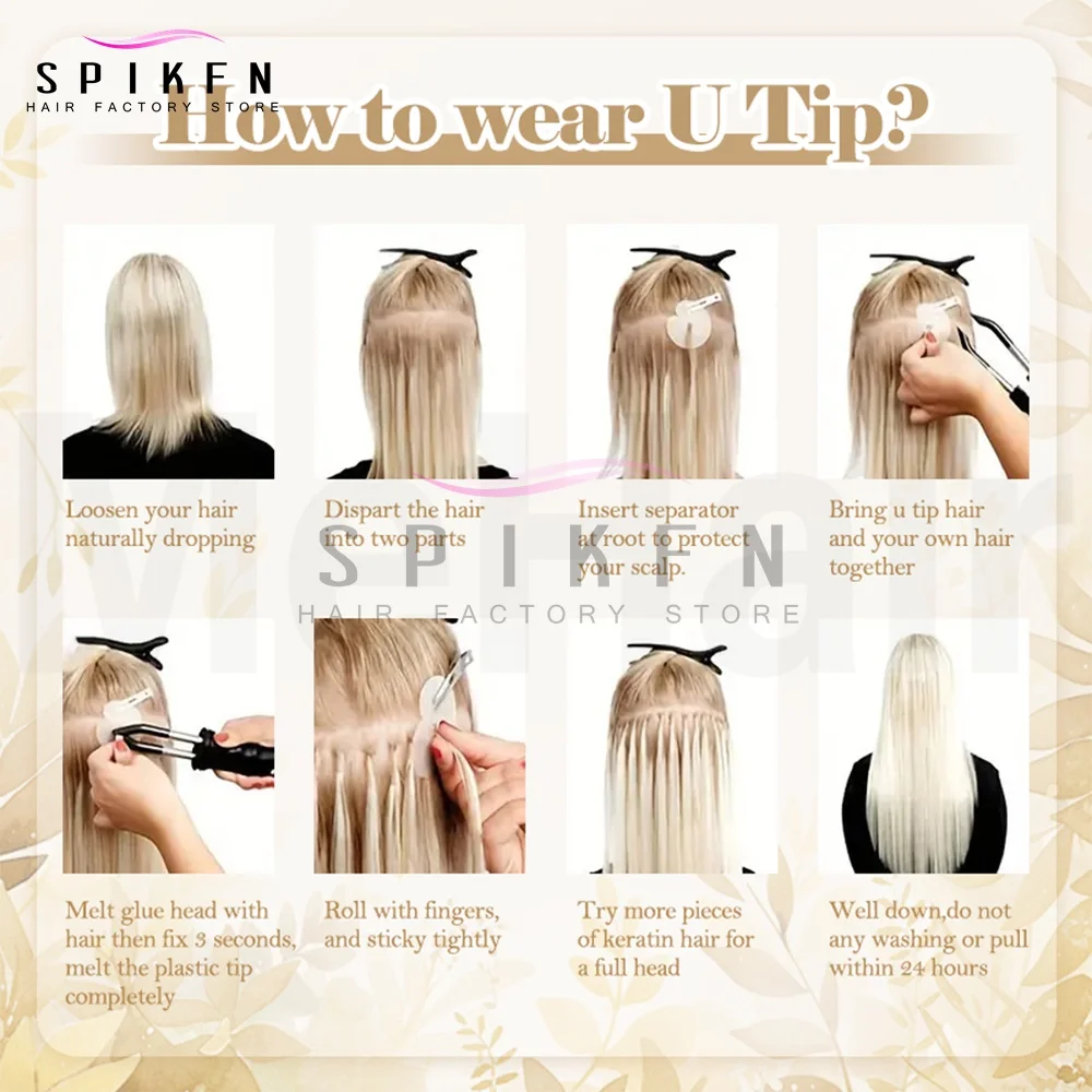 SPIKFN Nail U Tip Human Hair Extensions Natural Straight Hot Fusion Hair 50pcs/pack Nature Black Fusion Pre Bonded Human Hair