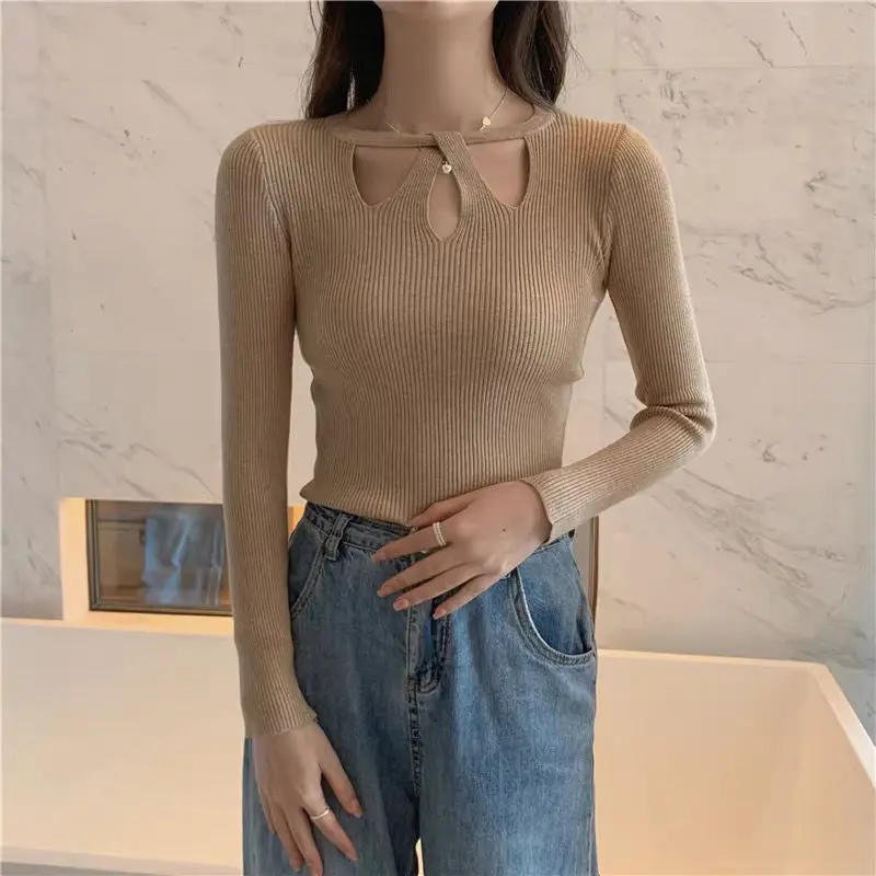 Autumn Winter Simplicity Hollow Out Knitting O-neck Long Sleeve Sweater Ladies Fashion Slim All-match Top Tee Women Clothing