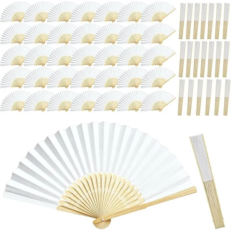 ABKY-White Paper Hand Fans 50Pcs-For Wedding Guests Bulk-Bamboo Folding Fan, Foldable, Chinese Style