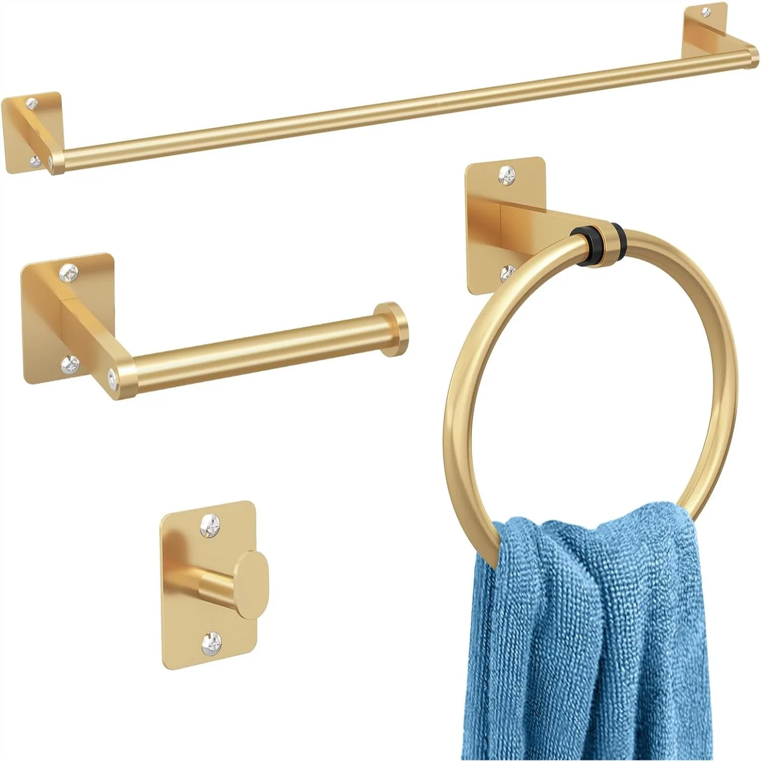 

Bathroom Accessories Set 4 Pieces Gold Hardware, 24 Inch Towel Bar, Towel Rack, Robe Hook, Toilet Paper Holder Wall Mounted