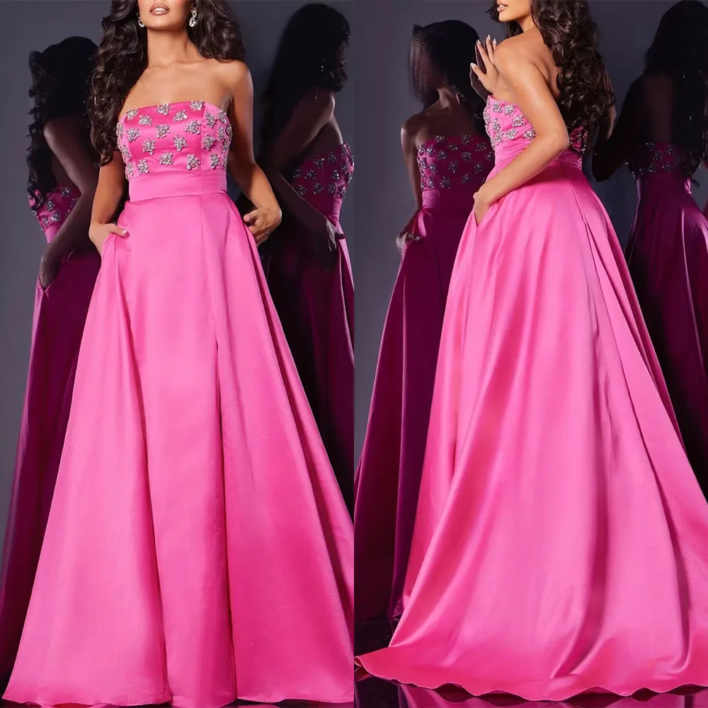 Customized Strapless Sleeveless Floor Length Beaded Reception Dresses for Weddings Robe De Soirée Mariage Vestidos De Gala فستان