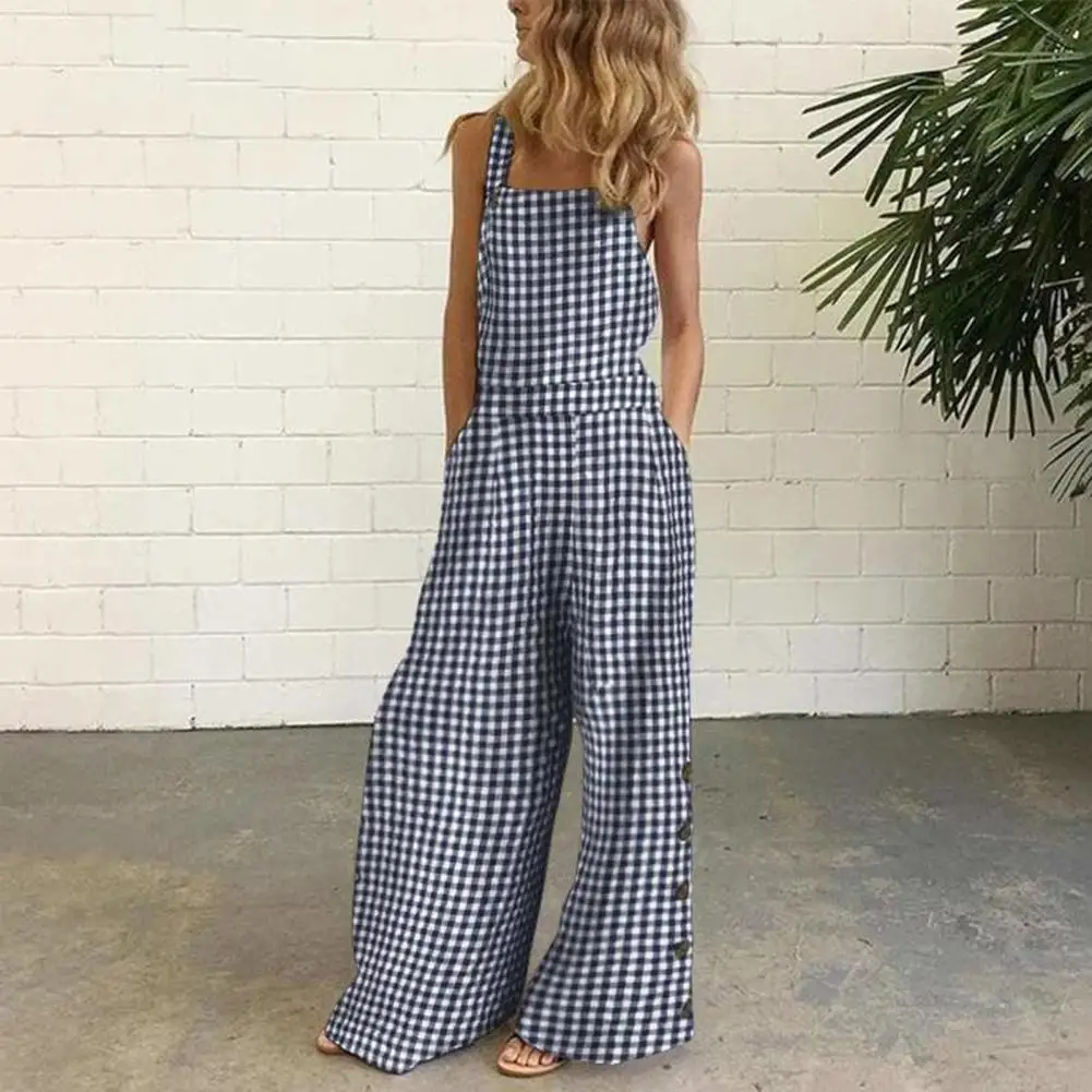 Damen Overall stilvoller Jumps uit mit quadratischem Hals und breiten Beinen Seiten taschen für Frauen Urlaub Beach wear für Sommer weich lang