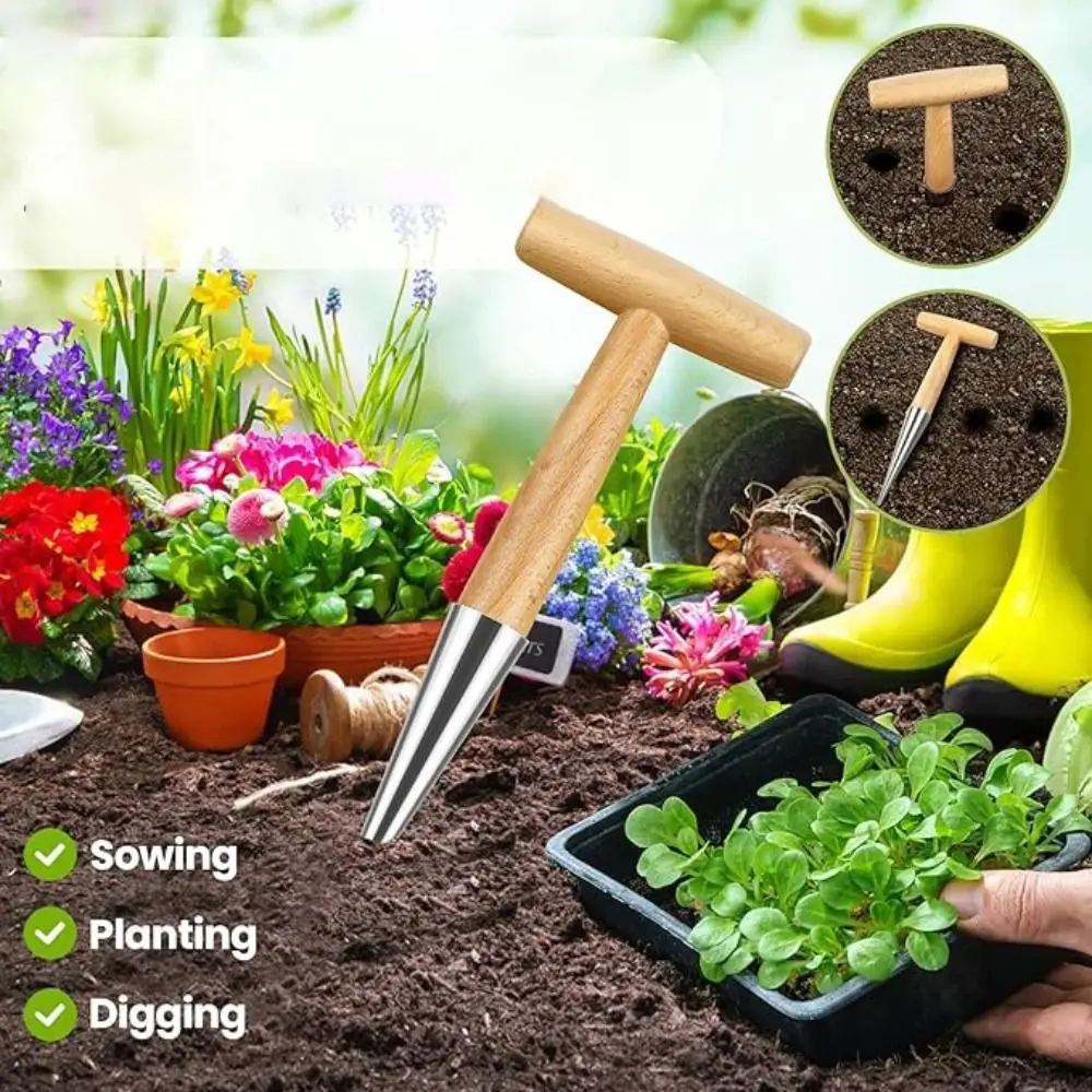 T-Wood Handle Hand Sow Dibbler Sowing Seeds Bulbs Digging Garden Dibber Planter Tool Transplanting Garden Hole Punch Tool