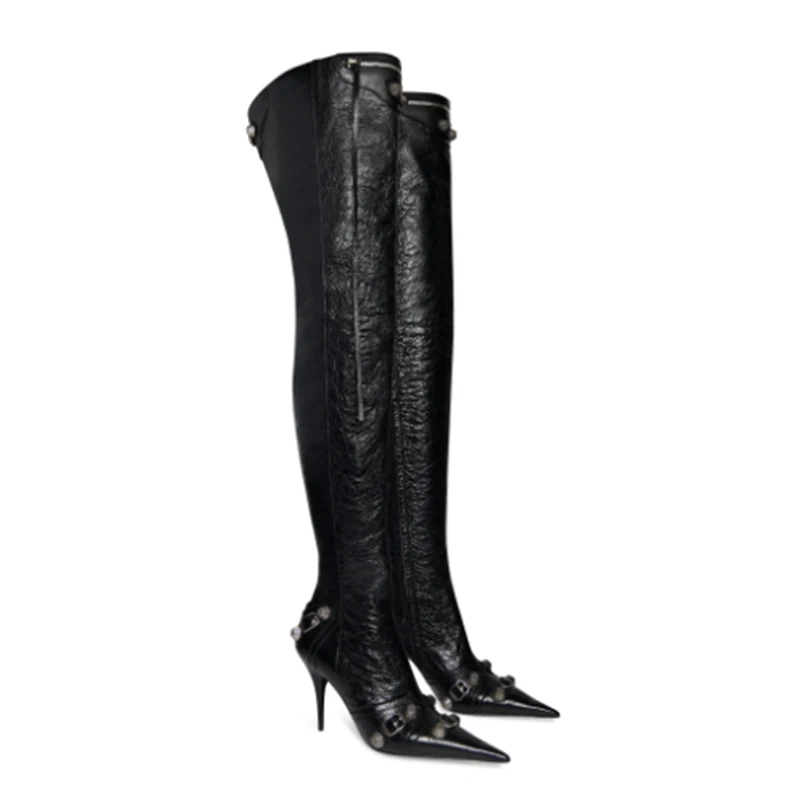 Arden Furtado Four 2024 Spring Tassel Over The Knee Boots Pointed Toe Stilettos Heels Side zipper Belt buckle Rivet Modern boots