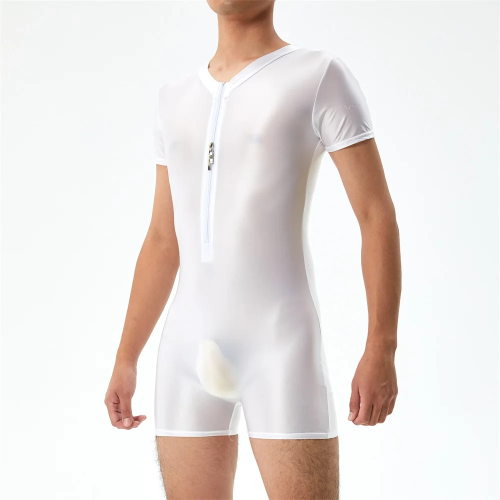 Sexy Men Undershirts Zipper Shorts Sleeve Seamless See Through Bodysuits Singlet Leotard Elastic Slip Sheer Jumpsuits Underwear