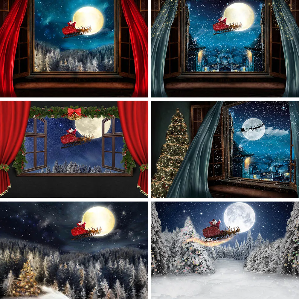 Mocsicka Window Santa Claus Full Moon Backdrop for Photography Christmas Winter Snow Baby Portrait Photo Background Studio Props