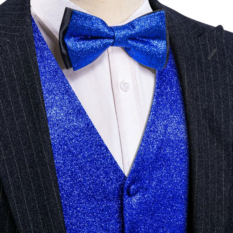 Heren Vest Goud Zilver Rood Zwart Roze Blauw Groen Geel Solid Solid Glans Zijde V-hals Vest Bowtie Set Barry Wang