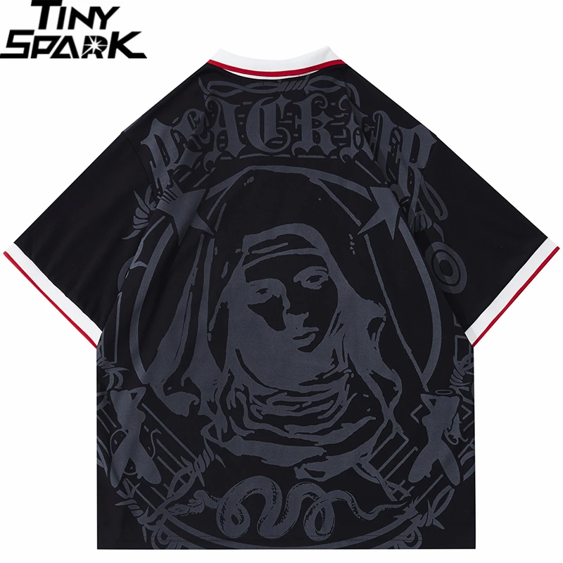 Men Hip Hop Streetwear Polo T-Shirt Virgin Mary Graphic Embroidery 2024 Summer Oversized Polo Shirt Retro Casual Cotton Tops Tee