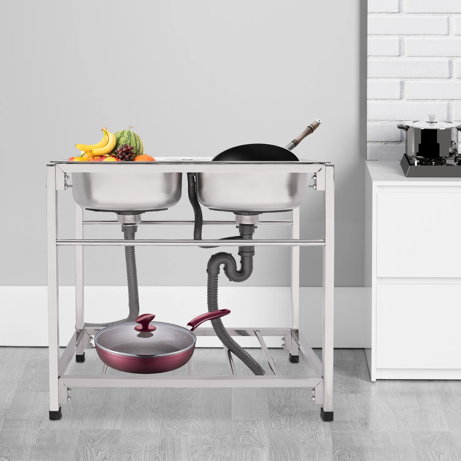 Fregadero comercial de acero inoxidable, fregadero independiente con doble cuenco para cocina