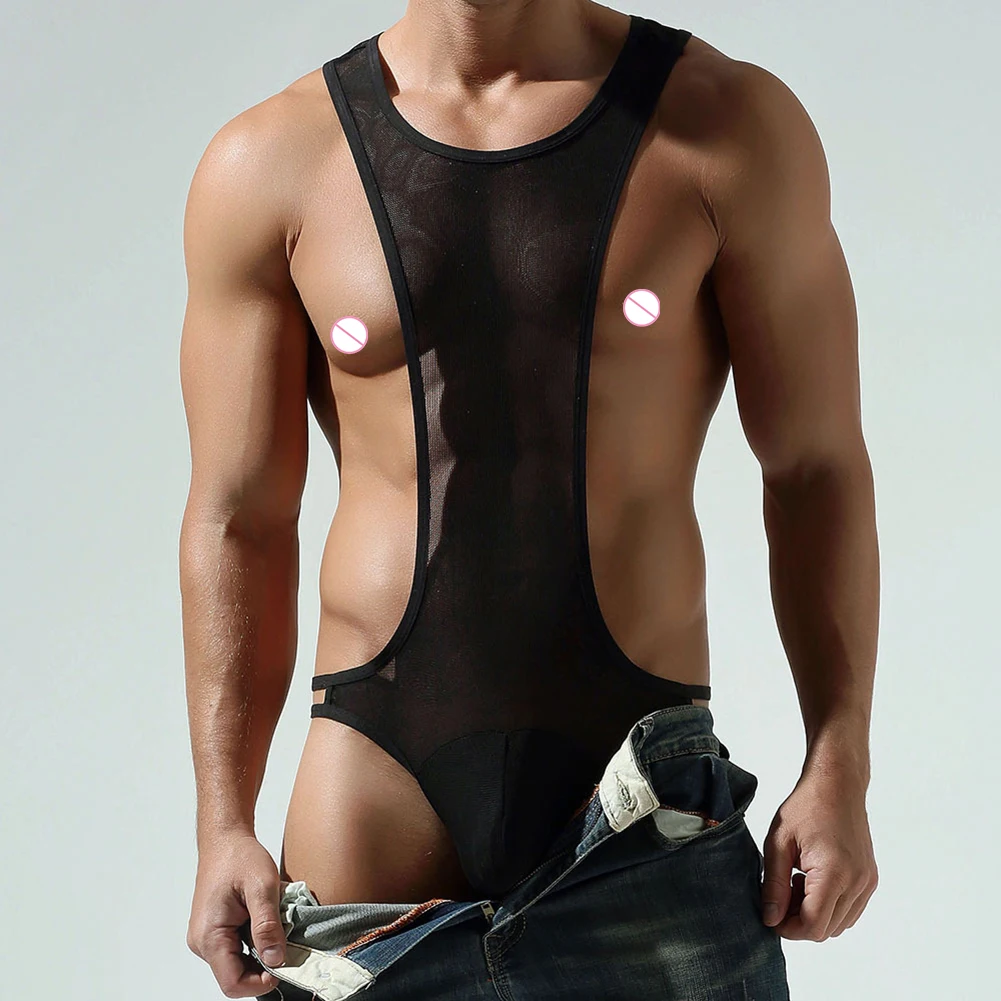 

Men Sexy Lingeries Bodysuit Mesh Hollow Jumpsuit Bodywear Solid Sport Fitness Sleeveless Exposed Buttocks Underwear Undershirts