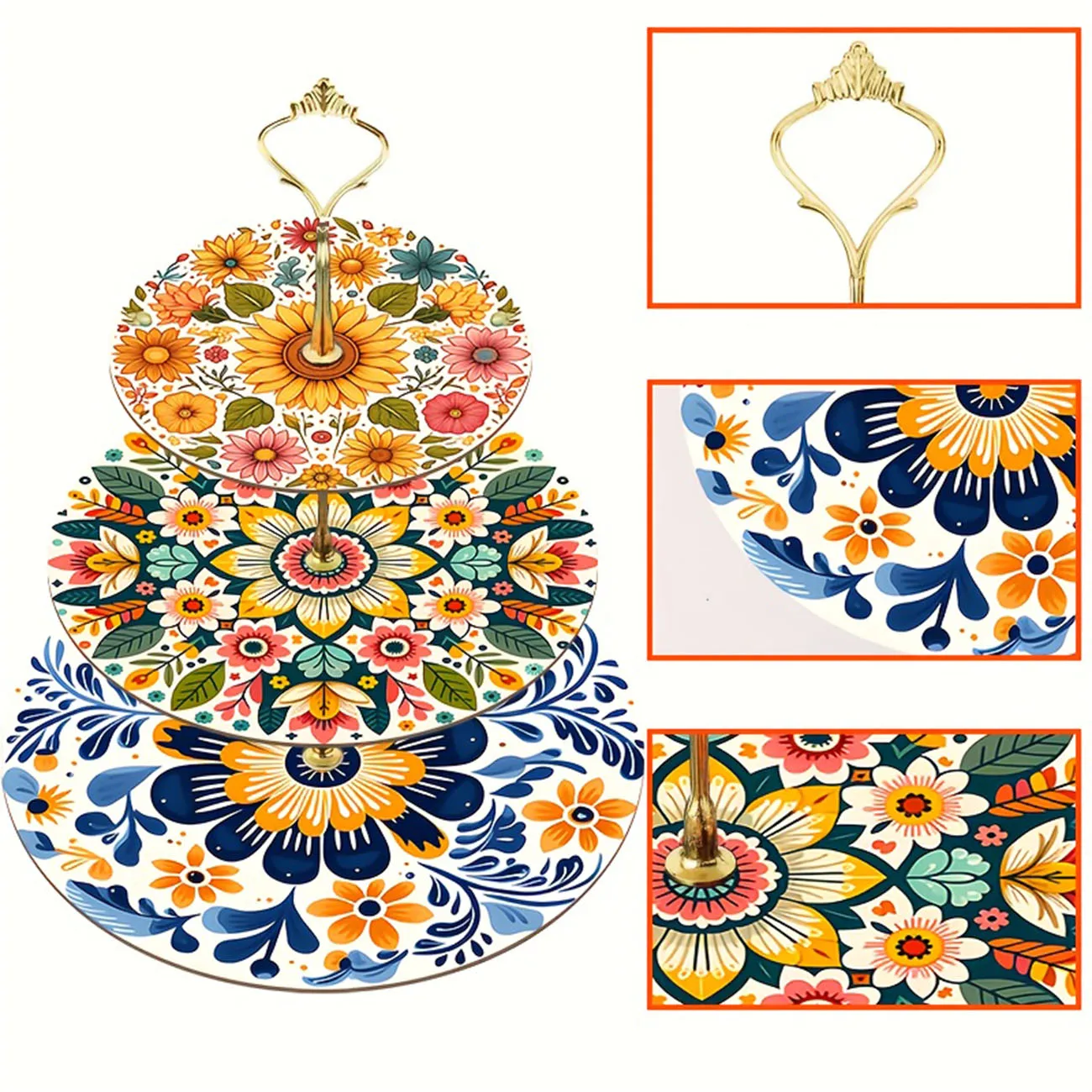 1-piece set of 3-layer wooden floral themed cake rack, securely decorated cake tray, detachable dessert display stand
