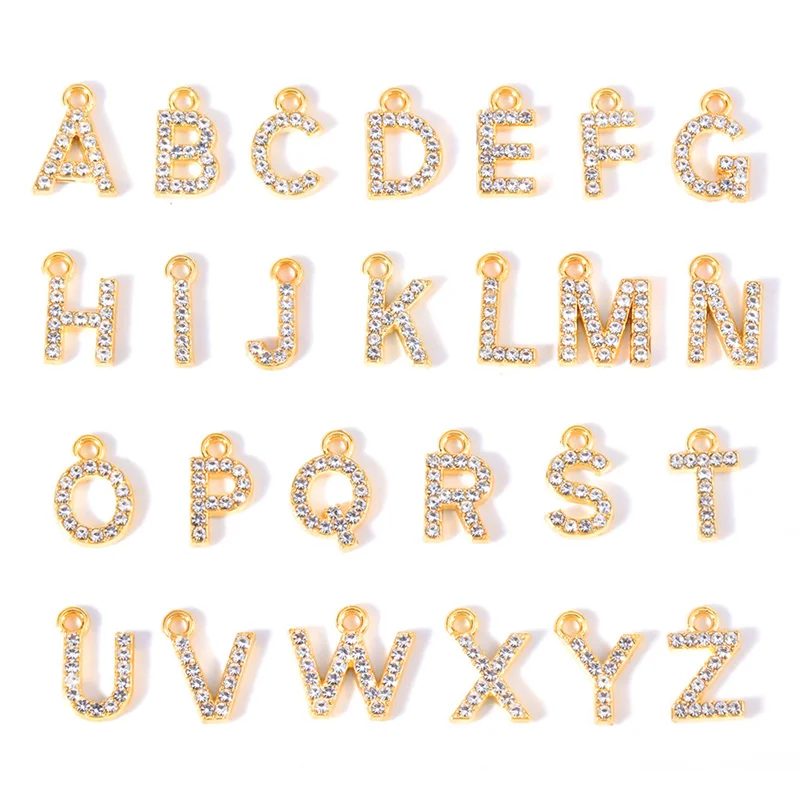 26pcs 10*10mm Metal Alloy Rhinestones Crystal 26 Letter Charms A-Z Letter Pendants for Women Earring DIY Jewelry Accessories
