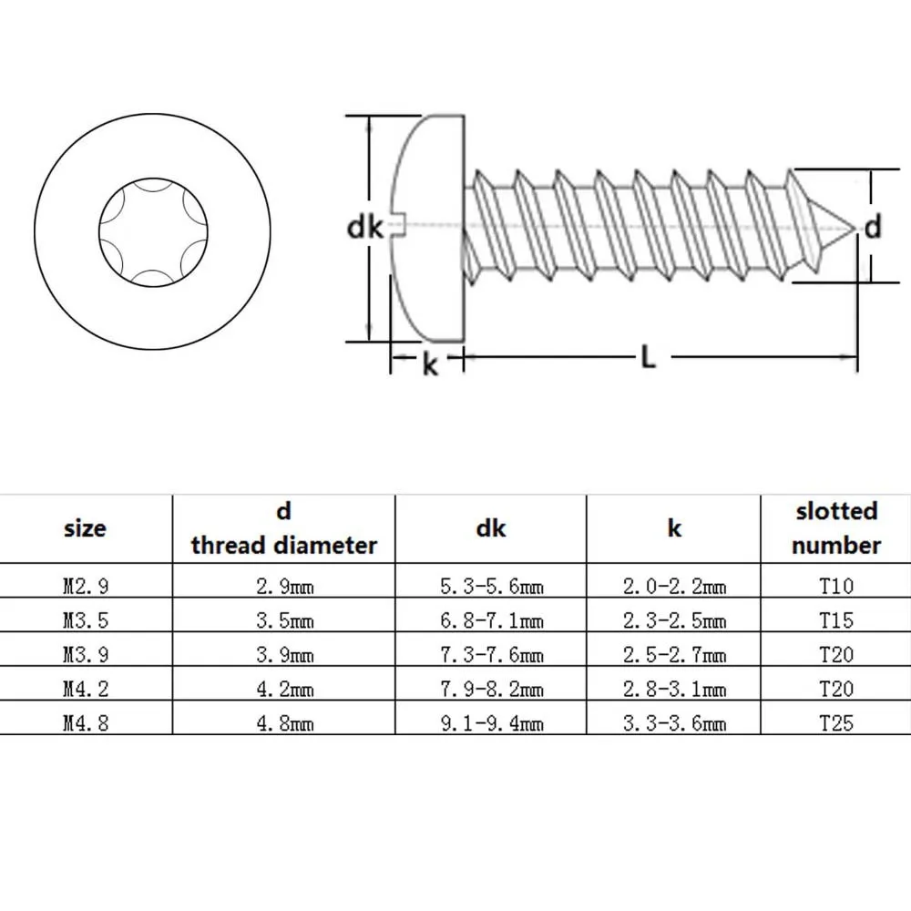 10/20 Stück 304 Edelstahl runder Flachkopf Torx Sechs Lappen selbstschneidende Schraube M2,9 M3,5 M4,2 M4,8 L = 6 * 50 mm – Detail 1