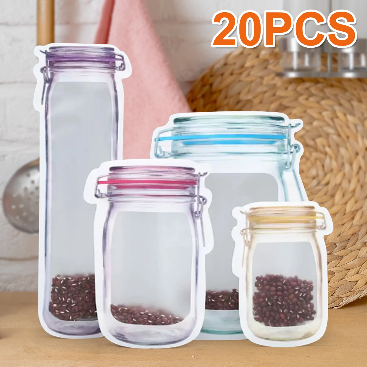 5/10/20Pcs Mason Jar Bags Portable Reusable Zip Food Storage Bags for Food Sandwich Baking Biscuits Sweets Snack Bag