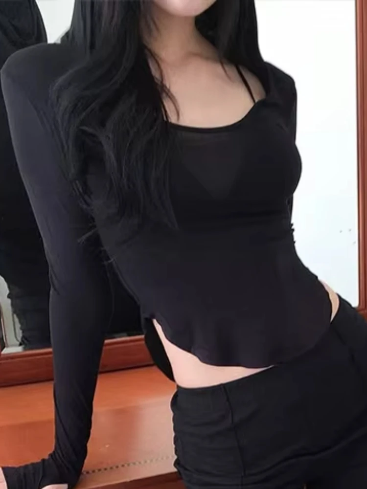 

Nibber Casual Hooded Crop Tops Women Irregular Full Sleeve Simple Hottie Street Stretch Skinny Clubwea Sexy Thin Basic Tops