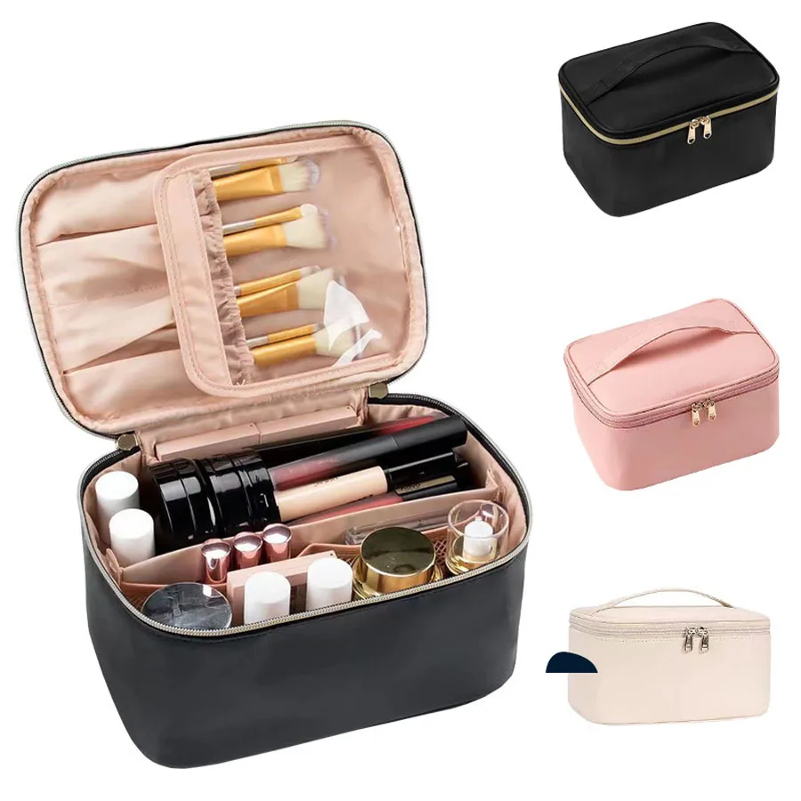 Portable PU Leather Makeup Bag Large Capacity Cosmetic Organizer Travel Toiletry Case with Brush Storage Pouch for Women