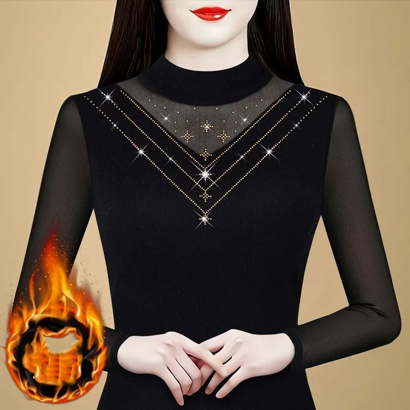 Women Half High Collar Mesh Long Sleeve Top Rhinestone Decor Fleece Lined Thermal Slim Undershirt