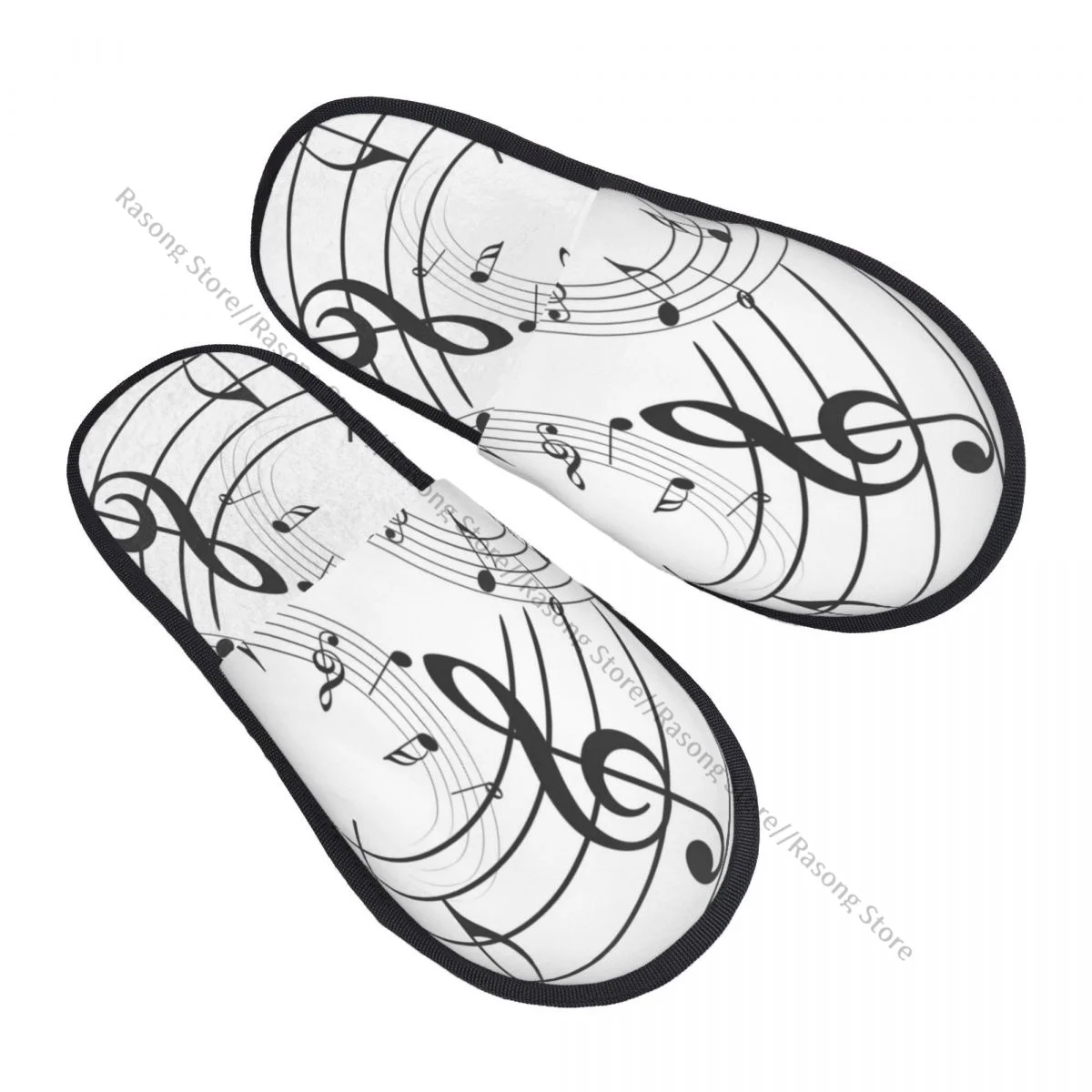 Plush Indoor Slippers Music Notes Print Warm Soft Shoes Home Footwear Autumn Winter