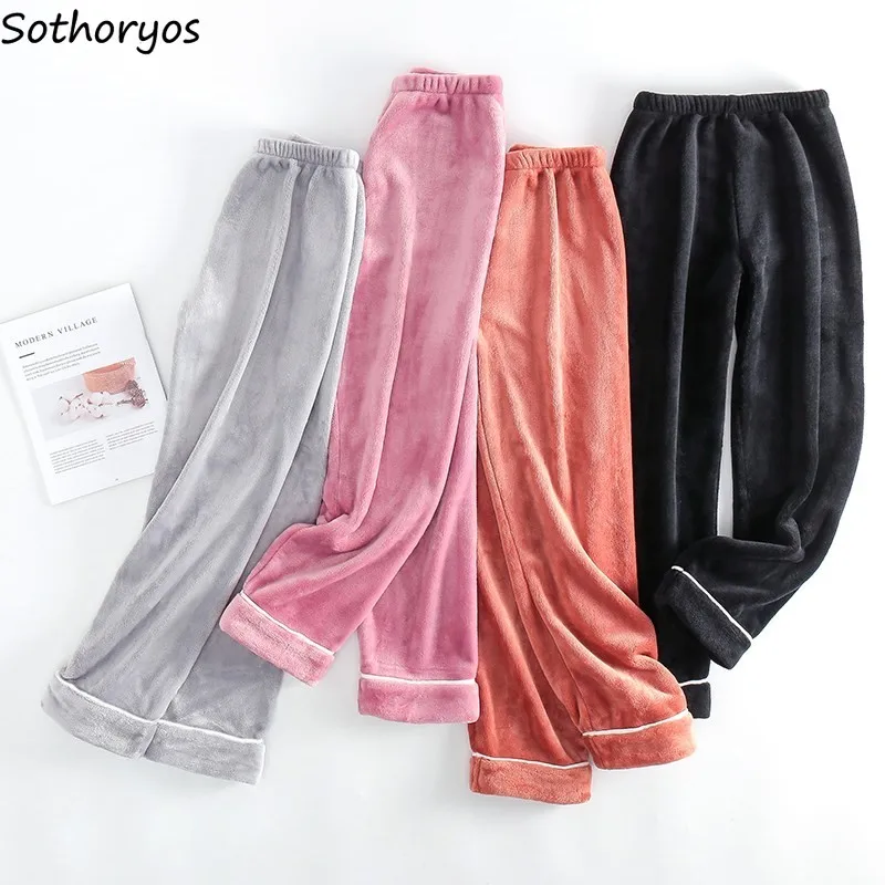 

Sleep Bottoms Women Homewear Comfortable Keep Warm Trendy Elastic Waist Sleepwear Plus Velvet Thicker Flannel Baggy Trouser Lady