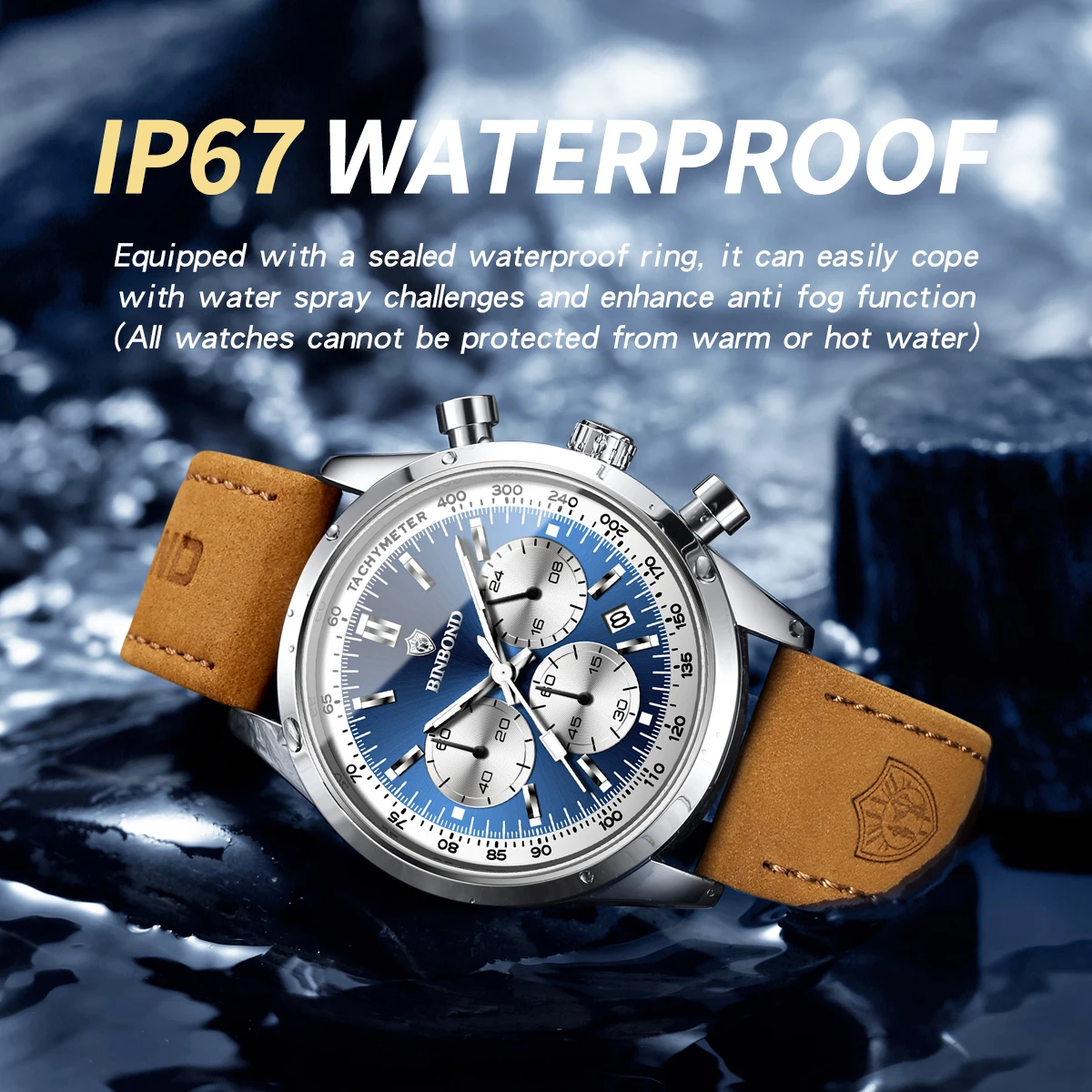 BINBOND B380 ساعة كوارتز جلدية فاخرة للرجال مضيئة مقاوم للماء موضة عادية متعددة الوظائف الموقت رجال الأعمال ساعة