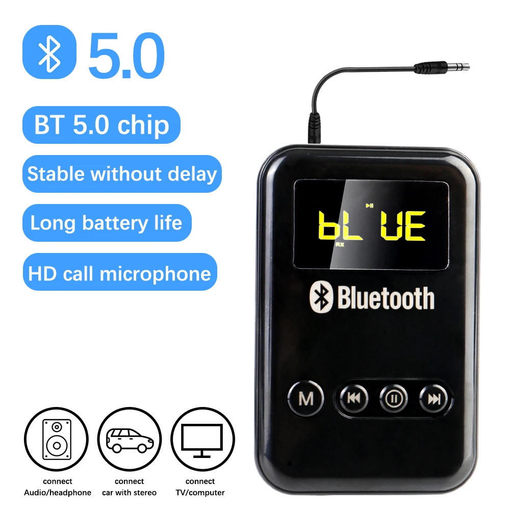 

300 мА аккумулятор-передатчик приемник светодиодный адаптер Bluetooth 5,0 поддержка TF-карты FM беспроводное аудио для автомобиля музыкальные наушники динамик
